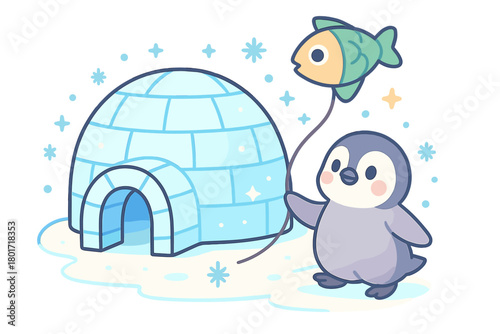 Adorable baby penguin holding a fish balloon near an icy structure