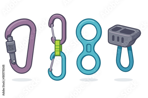 Colorful set of rock climbing and mountaineering safety equipment hardware