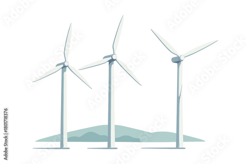 Three modern wind turbines standing on a gentle hill generating clean sustainable energy