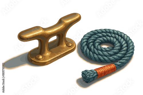 Polished brass boat cleat next to tightly coiled nautical rope with whipped end