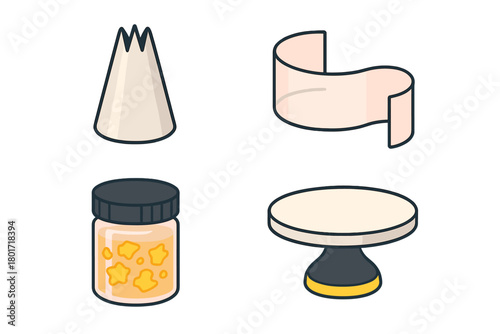 Set of confectionery tools including piping tip, ribbon banner, sprinkles jar, and cake stand
