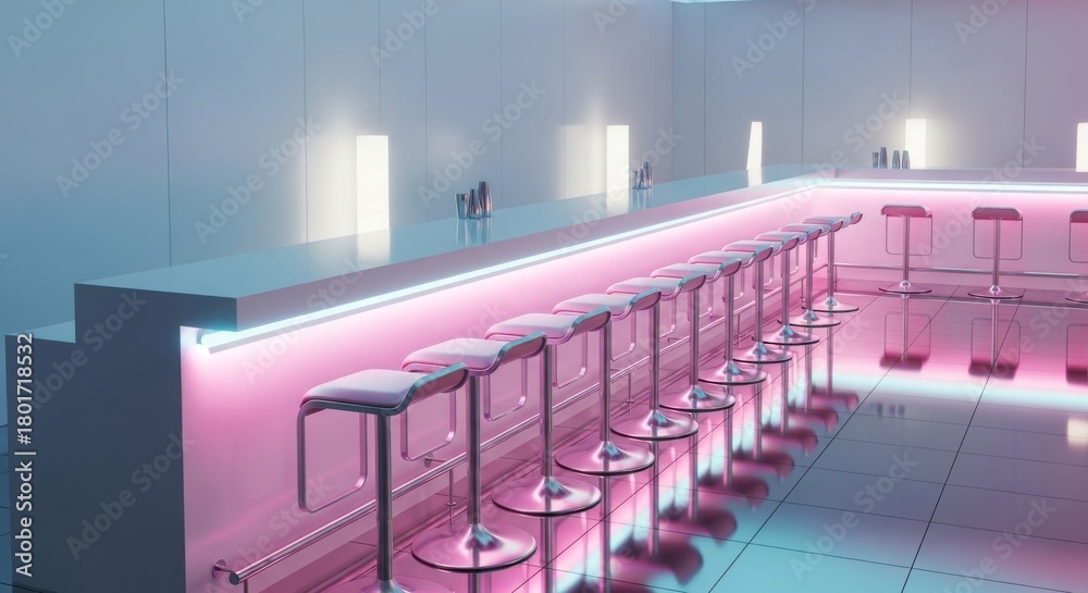 © vadosloginov - Modern bar interior with bright neon lights and sleek seating in a vibrant social space