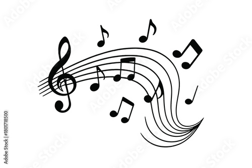 Musical notes flowing around treble clef on staff lines