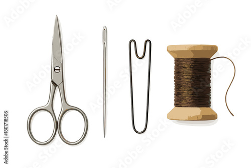 Sewing notions including scissors needle threader and brown thread spool