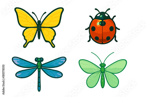 Colorful stylized flying insects including butterfly ladybug and dragonfly
