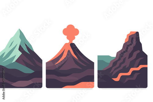 Three stylized icons representing mountain and volcano landscapes