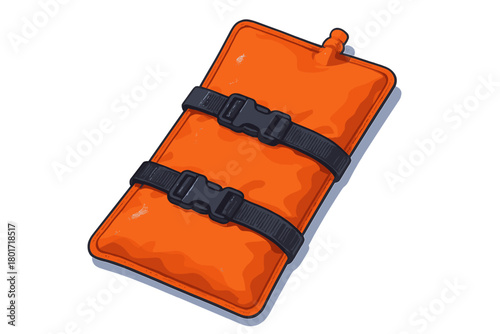Orange inflatable flotation bladder with adjustable black straps and buckles