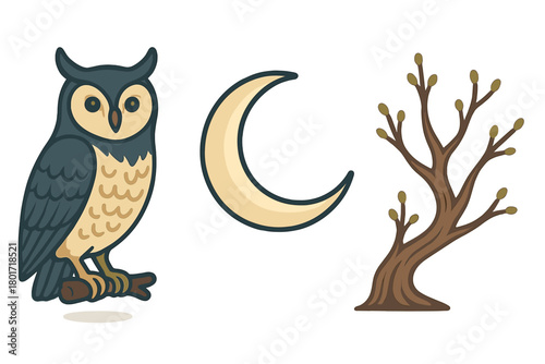 Stylized nocturnal elements set featuring an owl, crescent moon, and a budding tree branch