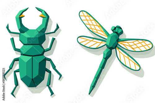 Geometric green beetle and dragonfly insects set