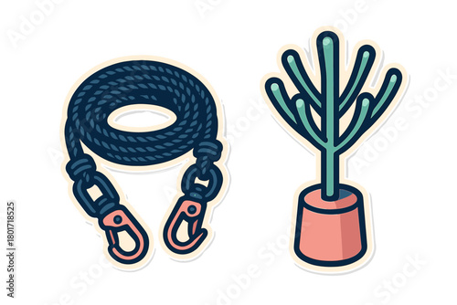 Coiled rope with carabiner clips and a decorative potted succulent plant