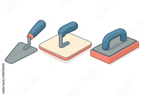 Isometric set of masonry and plastering tools including trowel and floats