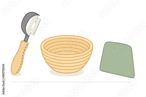 Baking tools including proofing basket dough scraper and scoring lame