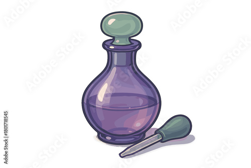 Rounded purple glass perfume bottle with detached dropper accessory