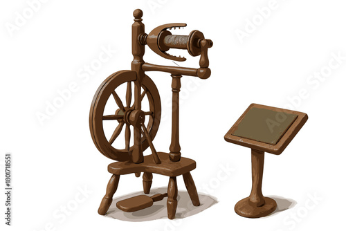 Traditional wooden spinning wheel with thread spool and separate small stand on white background