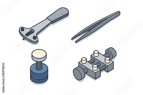 Collection of precision watchmaking and repair instruments in isometric view