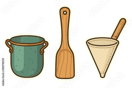 Essential kitchen cooking tools collection featuring a pot, wooden spoon, and strainer