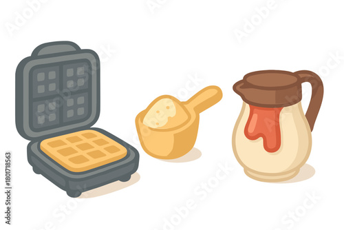 Waffle maker scoop and syrup pitcher icons for breakfast cooking