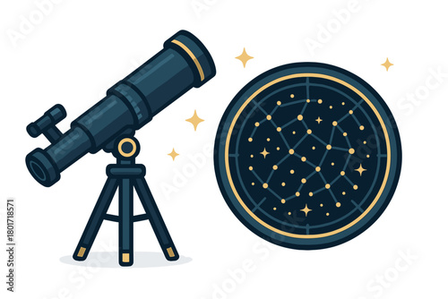 Telescope and constellation map for deep space stargazing hobby
