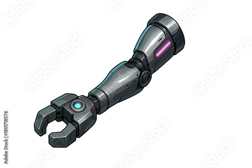 Futuristic metallic robotic arm with glowing pink accents and mechanical claw gripper