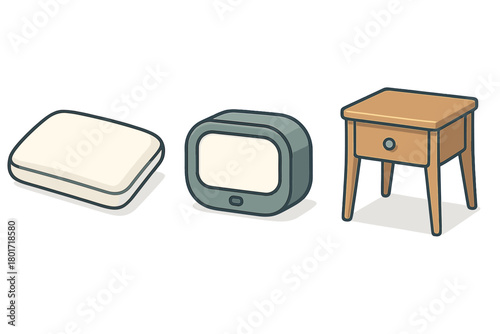 Soft pillow, digital alarm clock, and wooden nightstand furniture set for bedroom interior
