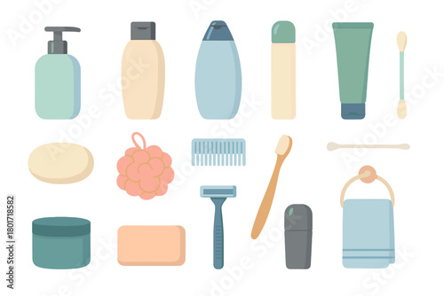 Assortment of essential bathroom hygiene and personal care products