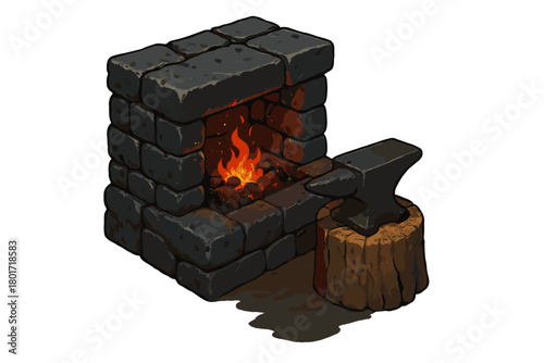 Isometric medieval stone forge with glowing fire and blacksmith's anvil setup