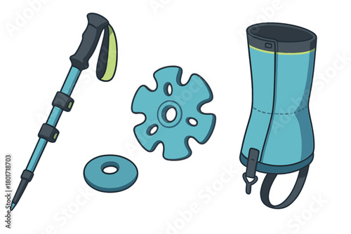Hiking and trekking equipment components including trekking pole and gaiters