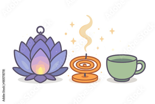 Calm meditation objects featuring glowing lotus flower and burning incense