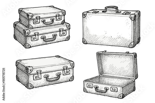 Vintage travel suitcases and luggage in detailed sketch style