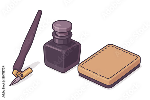 Isometric collection of antique writing implements: dip pen, inkwell, and blotter pad