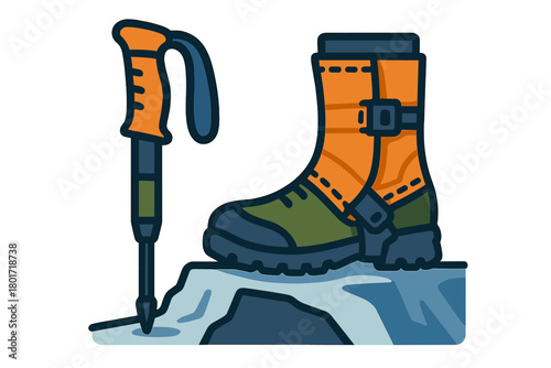 Heavy duty hiking boot and trekking pole on icy terrain