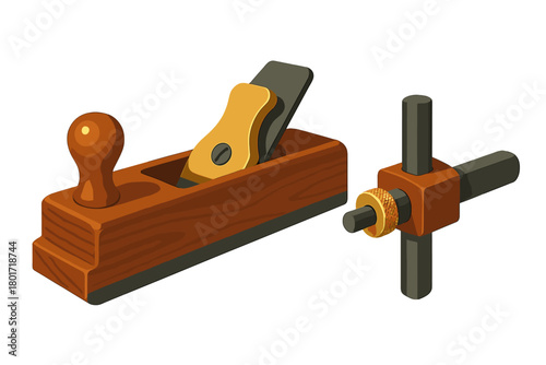 Classic wooden hand plane and brass marking gauge carpentry tools