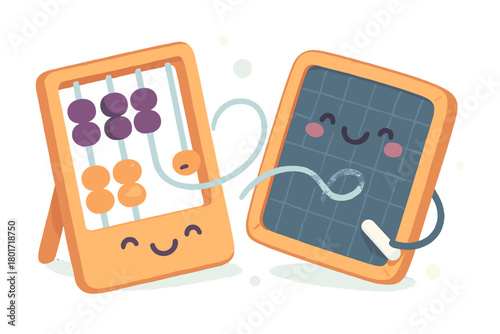 Cute cartoon abacus and chalkboard characters interacting playfully