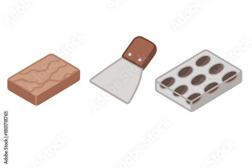 Isometric chocolate making tools and ingredient blocks
