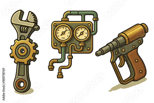 Steampunk tools and machinery icons set featuring wrench gauge and raygun