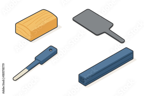 Isometric set of woodworking and shaping tools with wooden block