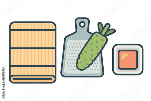 Sushi preparation tools including bamboo mat wasabi grater and finished roll