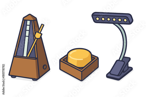 Musical practice tools: metronome, foot pedal, and flexible clip-on light