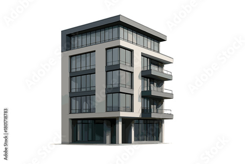 Modern multi-story residential building with balconies and large
