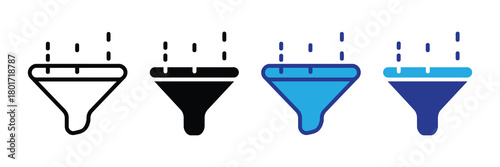 Funnel icon set, representing data filtering, process management, and information sorting with multiple styles and colors