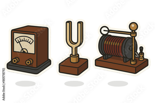 Vintage physics laboratory equipment set with meter and tuning fork