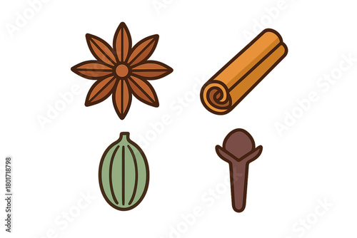 Assortment of aromatic baking spices including star anise, cinnamon, cardamom, and clove