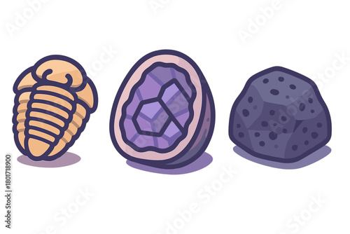 Trilobite fossil amethyst geode and meteorite icons collection