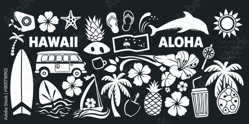 Hawaiian aloha collection of tropical icons and symbols on black background