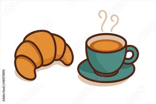 Croissant pastry and steaming coffee cup graphic elements