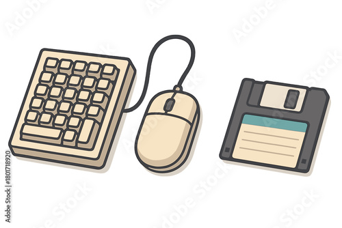Retro computer peripherals: keyboard, mouse, and magnetic storage disk