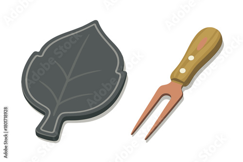 Leaf shaped serving platter and meat carving fork set for dining