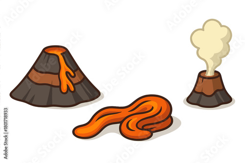 Cartoon volcano icons illustrating eruption stages and molten lava flow