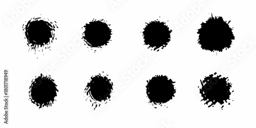 Collection of eight black ink splatter circles with rough edges and white background