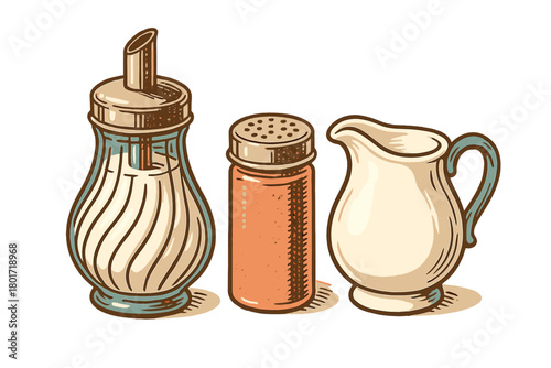 Vintage style sugar dispenser shaker and creamer set for coffee service